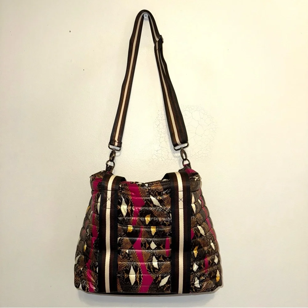 Think Royln Quilted Puffer Tote Bag Pink Black Brown Snake Print New (No Tags) - Picture 4 of 9